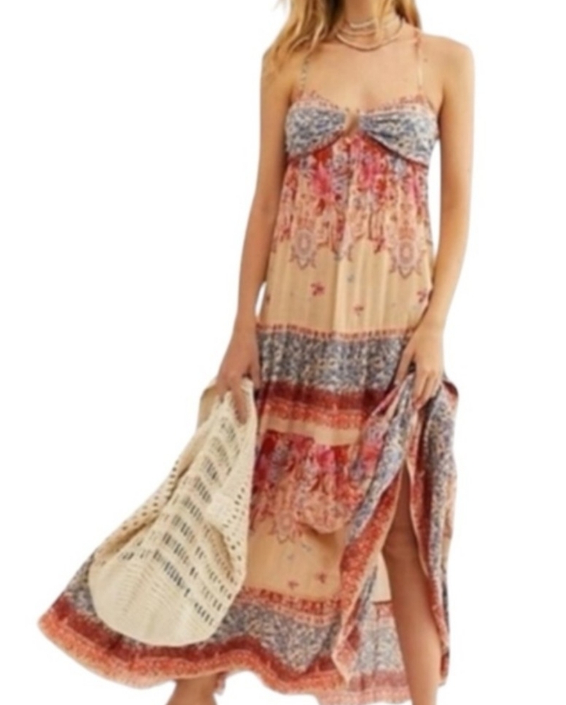 Free People Strapless Floral Dress in Red and Cream - Picture 6 of 12